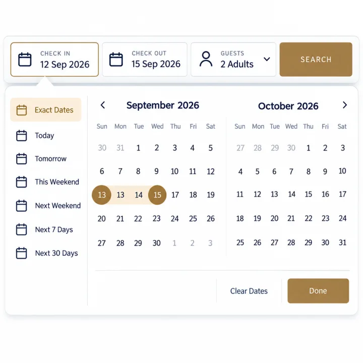 A date-picker popout for check-in and check-out dates, guests and a search button